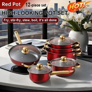 12Pcs/Set Stainless Steel Red Cookware Set Non-Stick Pan Stock Soup Pots